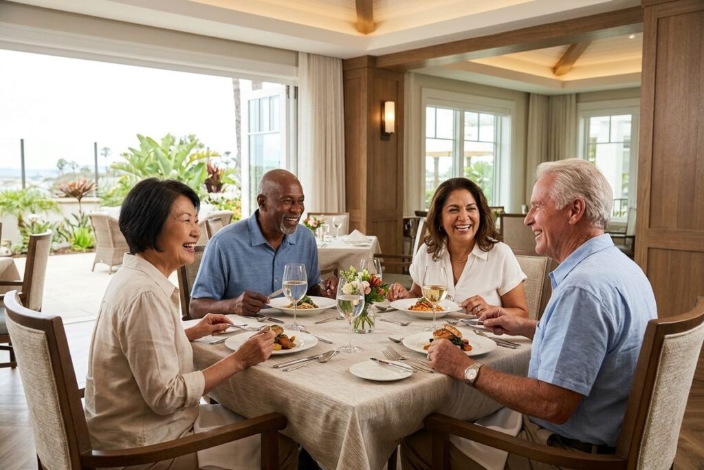 a group of seniors sit at a table chatting in a dining room in a senior living community