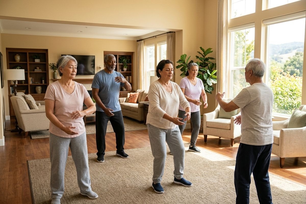 seniors do tai chi in a room