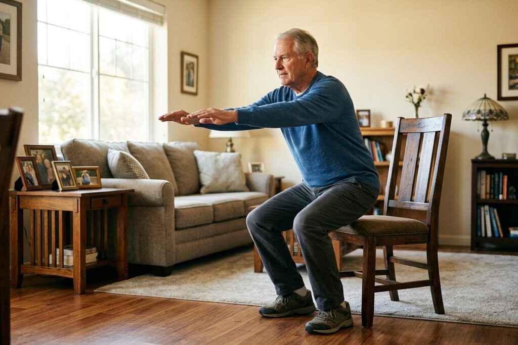 a senior does chair exercise in a living room