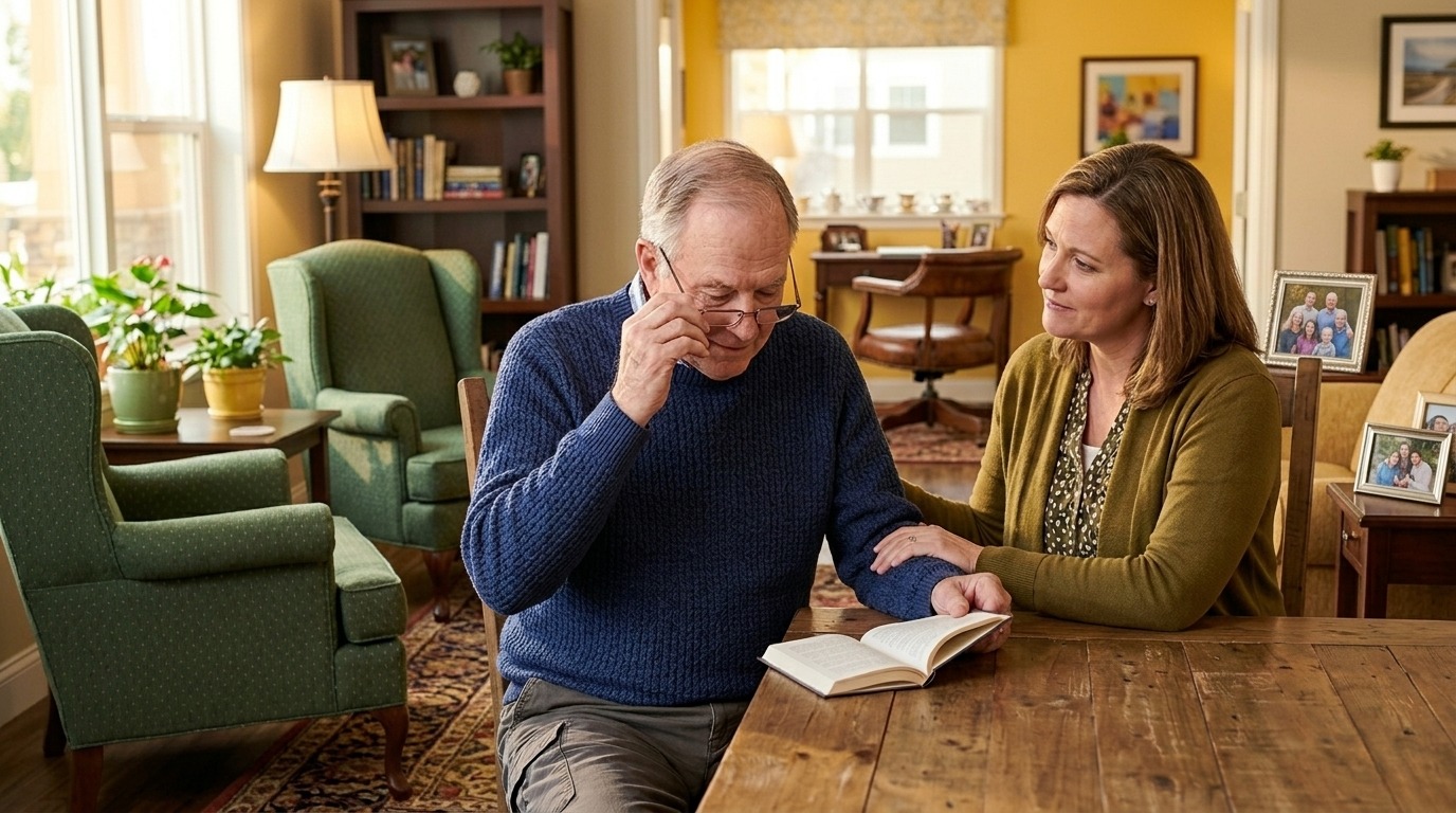 A senior looking at a book with a family member supporting them.