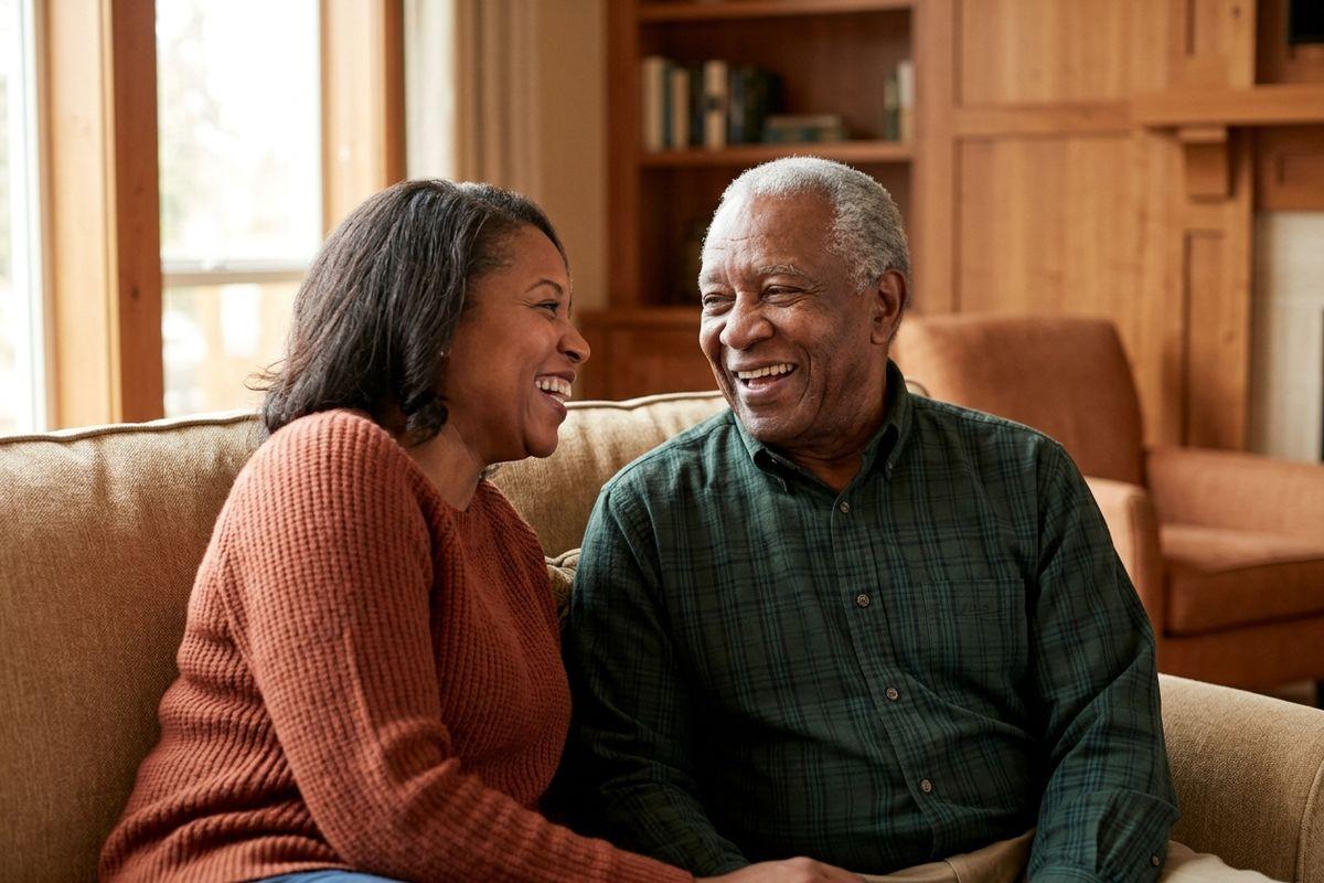 A senior and a younger woman sit close together on a sofa, smiling and looking at each other in a wood-paneled room.
